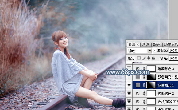 Photoshop给铁轨上的美女加上梦幻的淡蓝色